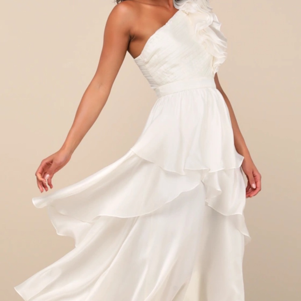 Lulu's Ivory One-Shoulder Ruffle Dress